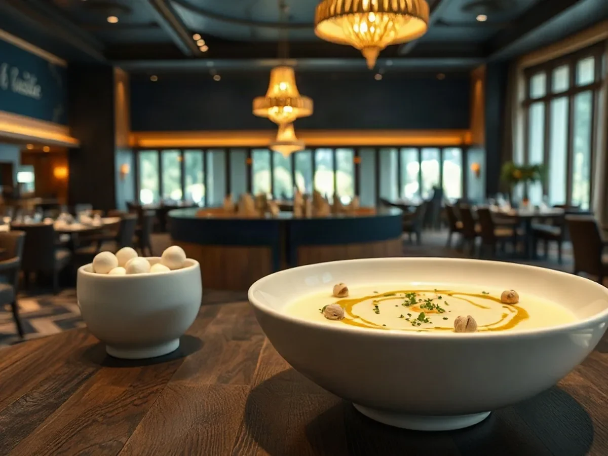 Pale leek and potato velouté with green chive oil and crisp hazelnuts in an ivory bowl under warm light.