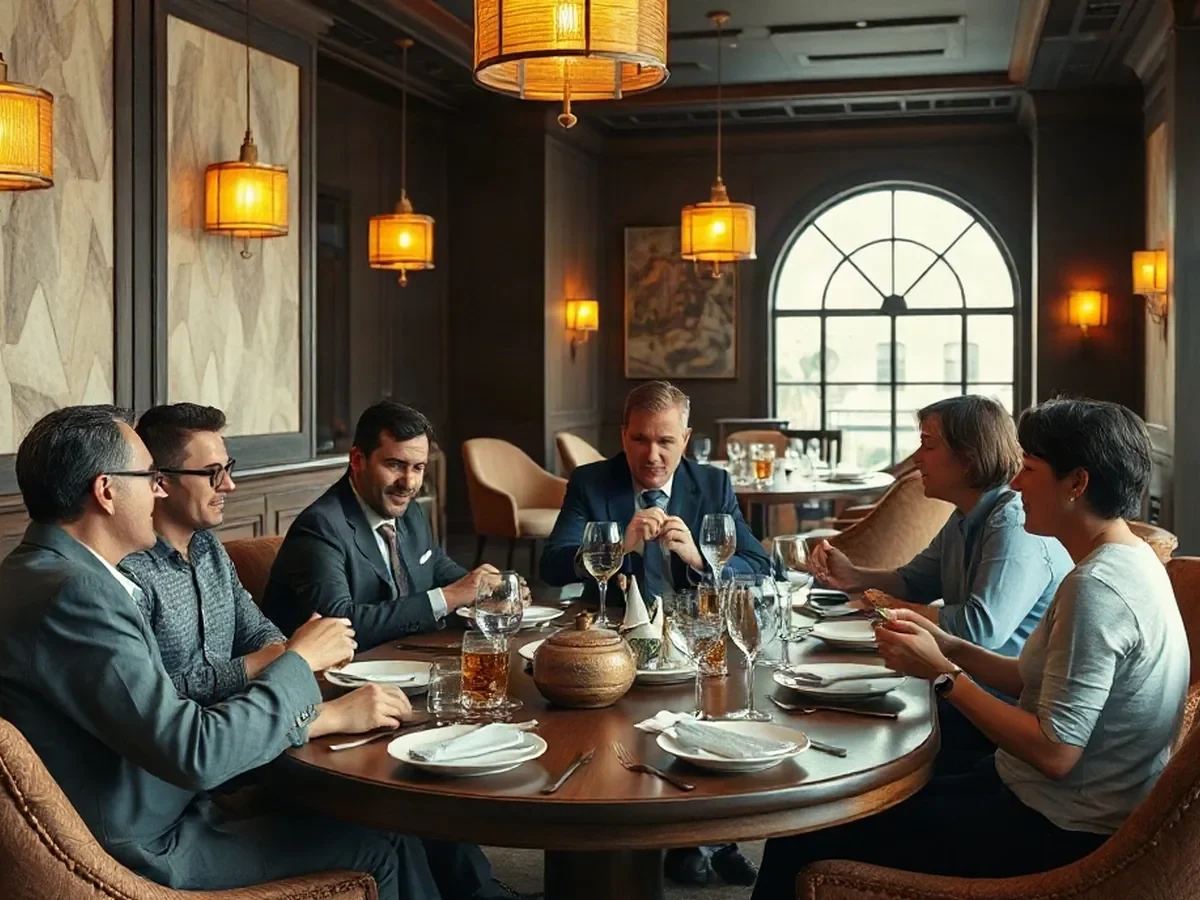 Adults sharing a meal at an oak table beneath amber pendants, with ivory plates and softly lit upholstery.