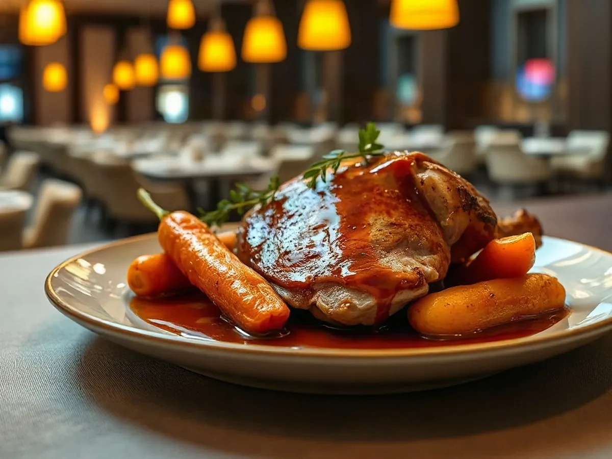 Golden roast chicken with tarragon jus, layered pommes Anna and glazed carrots on an ivory plate.