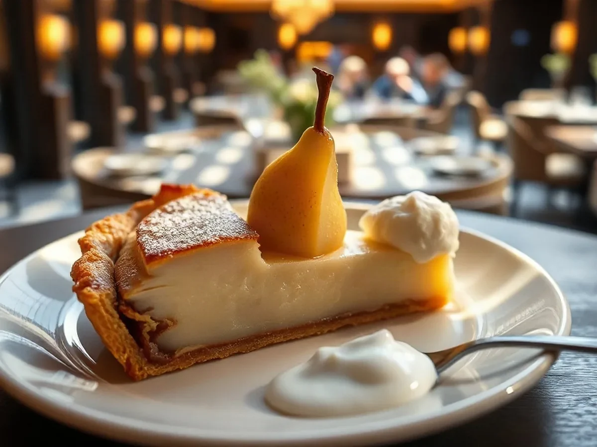 Golden pear tart with almond cream and crème fraîche on an ivory plate in warm side light.