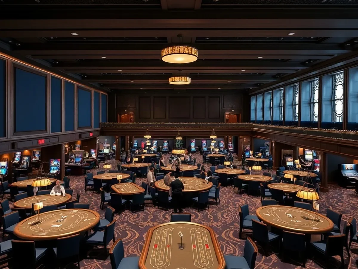 Physical gaming tables across a spacious floor, with ink blue upholstery, dark timber and soft architectural light.